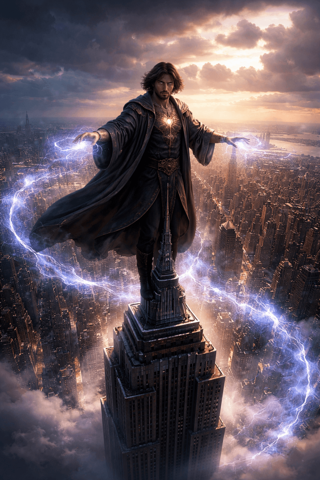 AI generated: A man with god-like powers, standing on top of the Empire State Building, manipulating the city belo...