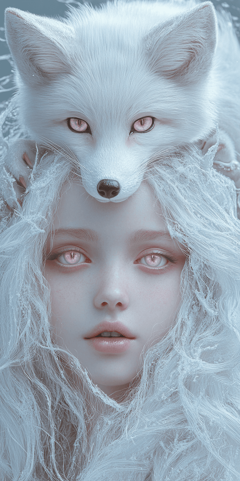 AI generated: hyper-realistic, ethereal portrait of a young woman with alabaster-white skin and long, flowing, sno...