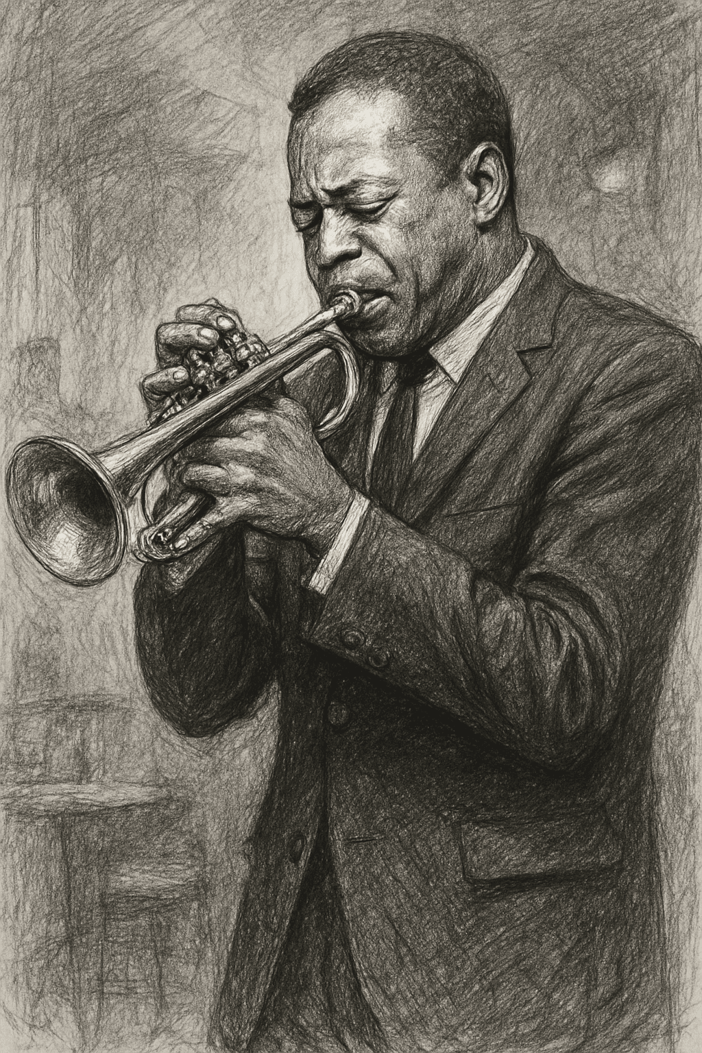 AI generated: Create a highly detailed black and white pencil sketch of a jazzman, dressed in a sleek black suit a...