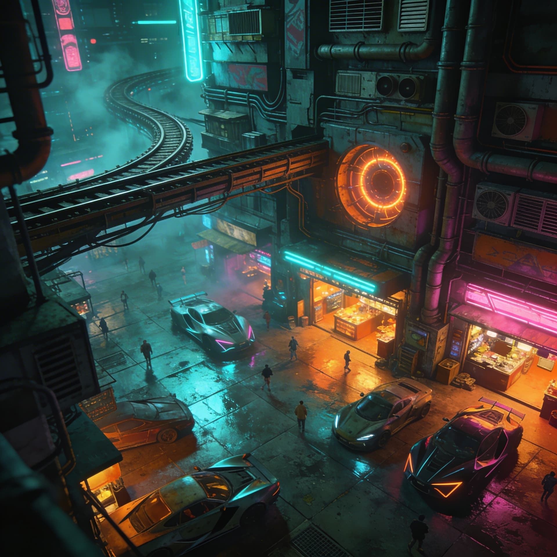 AI generated: Ultra-detailed cyberpunk city plaza at night, viewed from high angle, dense vertical architecture, s...