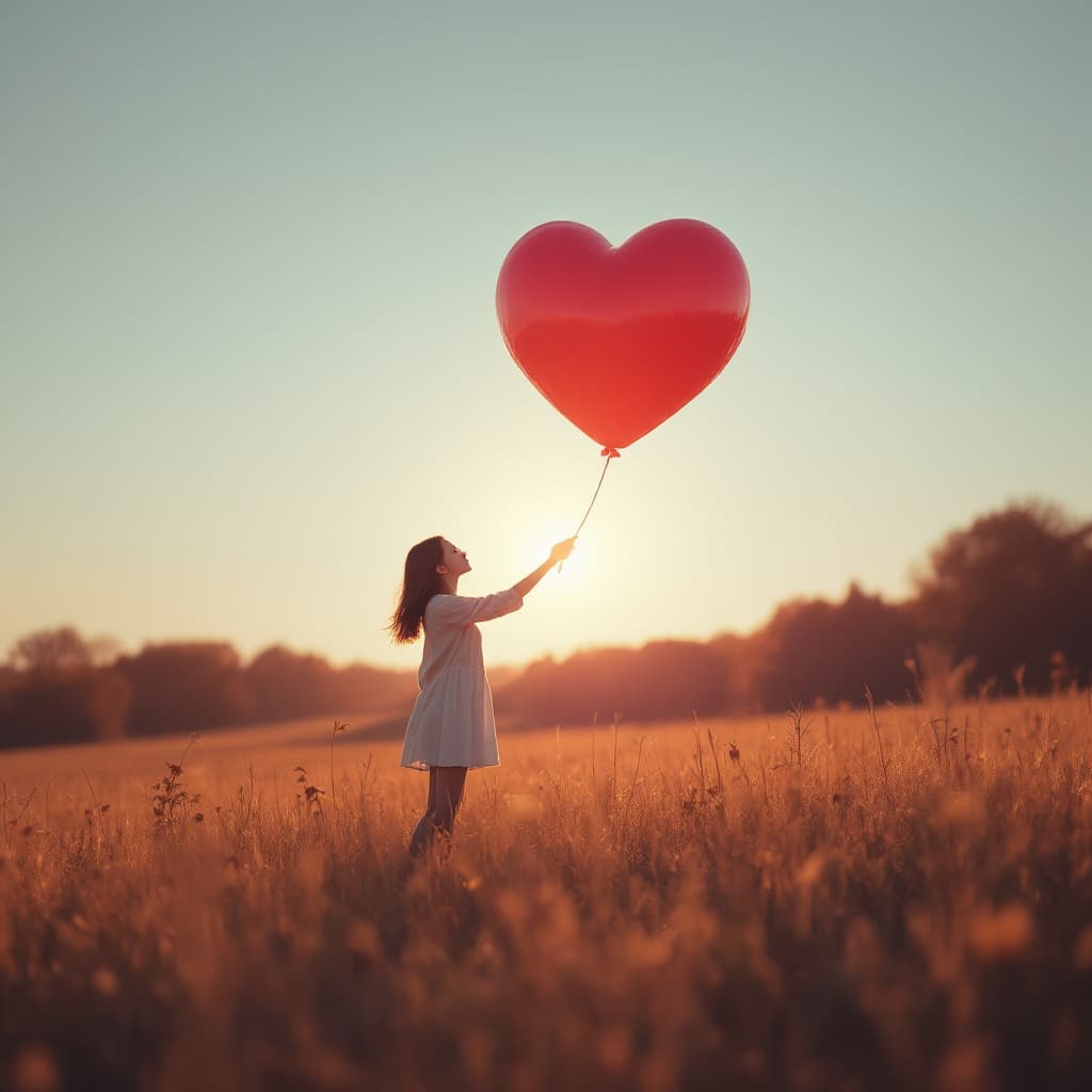 AI generated: create A girl holding a huge ballon heart, micro art, girl standing in the autumn field basking in t...