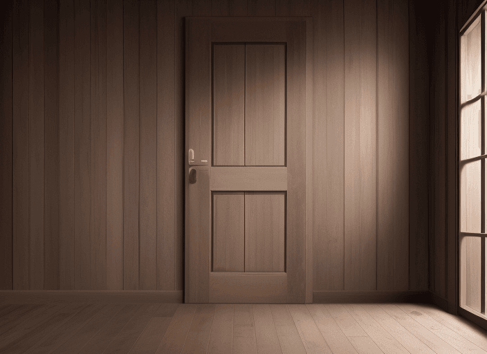AI generated: Create a high resolution photography wallpaper background featuring a brown wooden door, dark brown ...