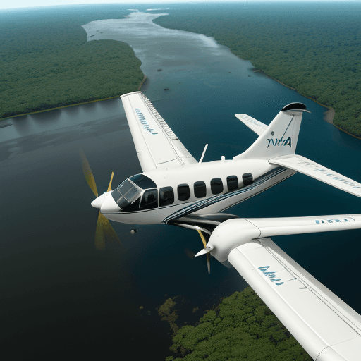 AI generated: Descreva uma cena onde um avião Cessna Grand Caravan, com o prefixo PR-MNS, está voando sobre o maje...