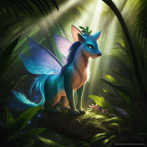 AI generated: fantasy animal in the jungle, closeup, ultra detailed, fairy lighting, photorealistic, bright colors...