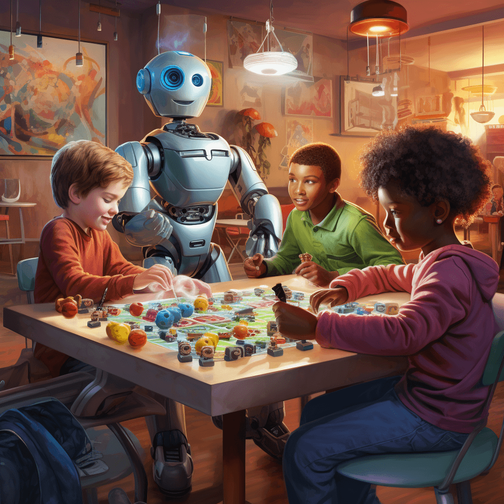 AI generated: Three round tables of primary school students are playing games with two friendly robots, photoreali...