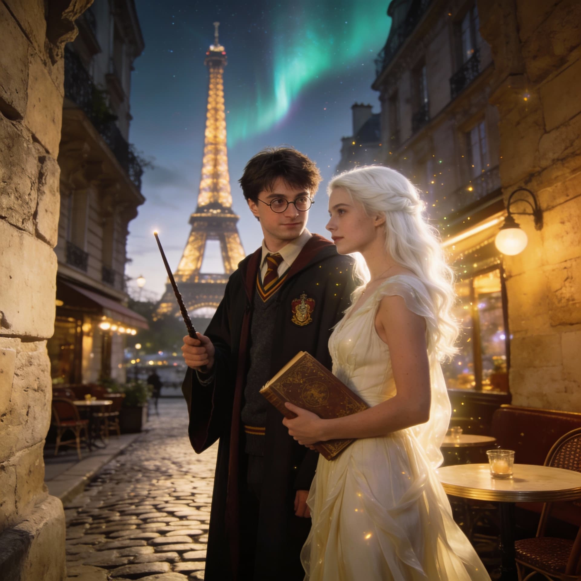 AI generated: A man like Harry Potter in hogwarts school has dated white blonde woman in Paris 