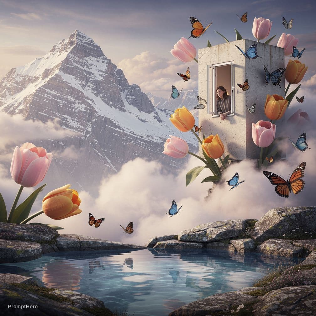 AI generated: Surreal collage art, a person leans out of a small open window in a structure that appears to be flo...