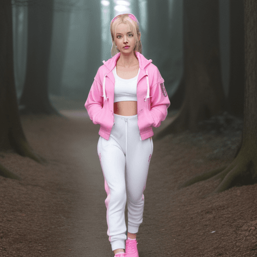 AI generated: Cammy White jogging on a dimly lit forest path with a neon pink jacket