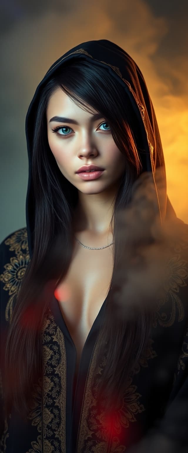AI generated: "Epic, modern, future-themed full-body portrait photograph depicting a slender supermodel, early twe...