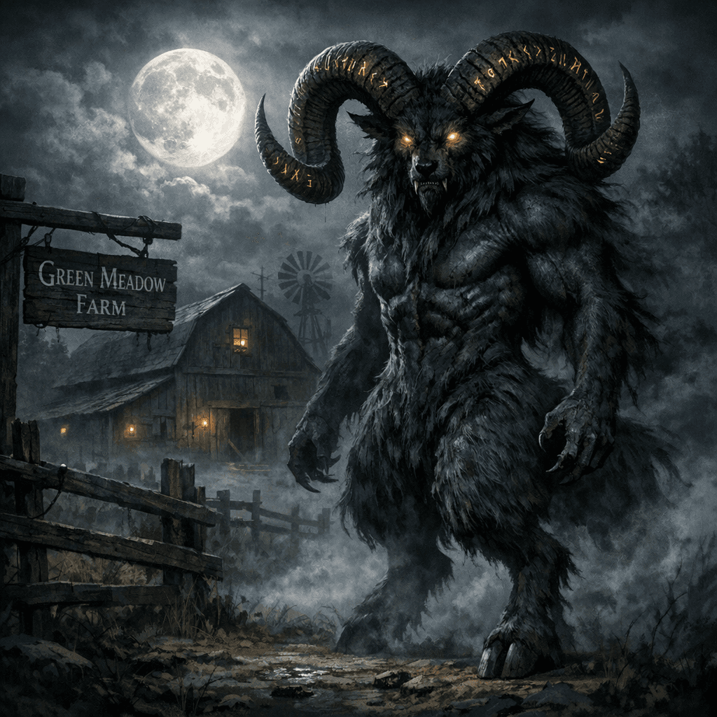 AI generated: dark hybrid creature standing at the edge of Green Meadow Farm at midnight, muscular goat-like lower...