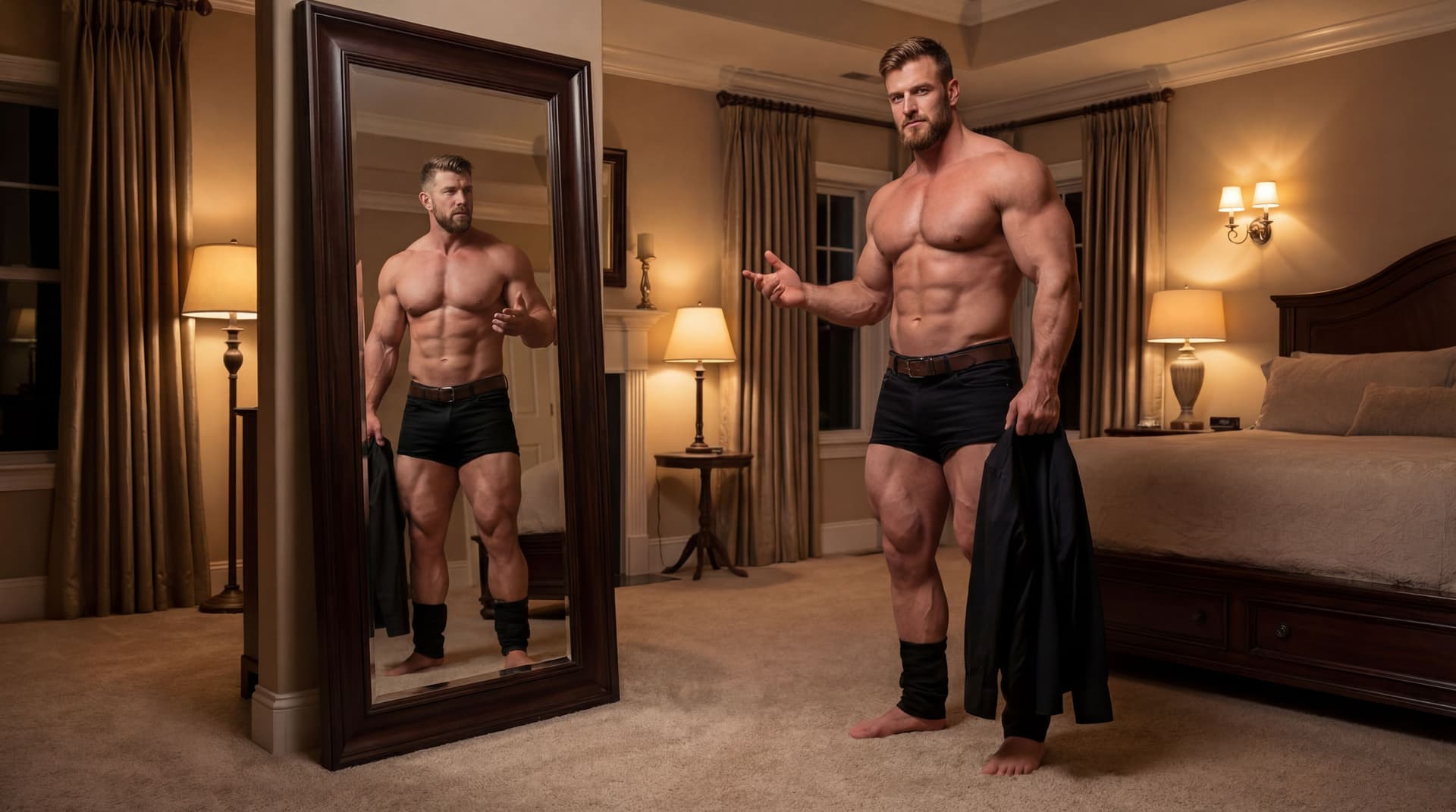AI generated: The model has bigger legs. His face is the one in the picture. 