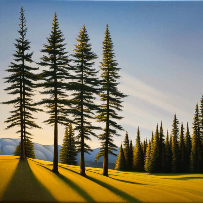 AI generated: photorealistic oil on canvas of some trees, some snow on a tiny hill, shutterstock, Canadian scene p...