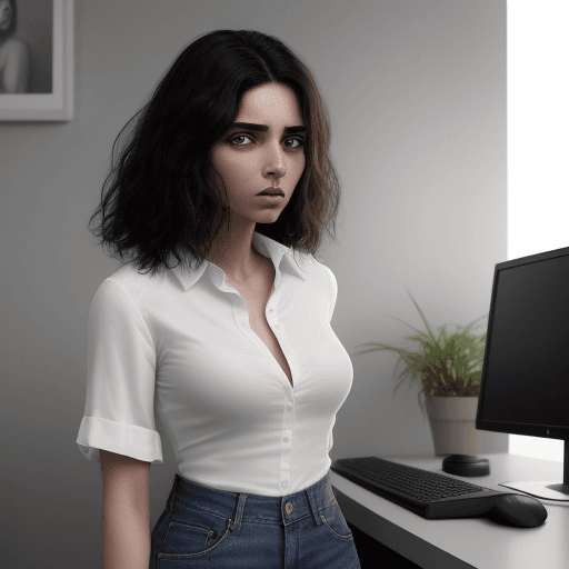 AI generated: mujer con ojos marrones y pelo medio crespo largo. que este dialogando con un señor blanco, pelo osc...