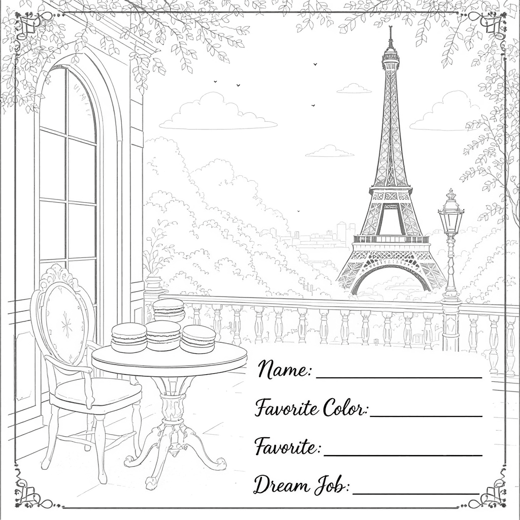 AI generated: A coloring page with a Parisian pastel background showing macarons, a cute café table, the Eiffel To...