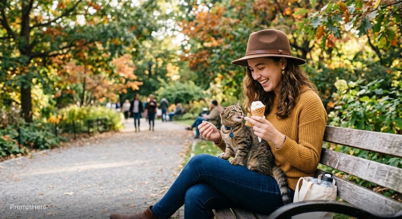 AI generated: a girl sitting in the park eating ice cream and she's wearing a brown hat . She has a pet cat and sh...