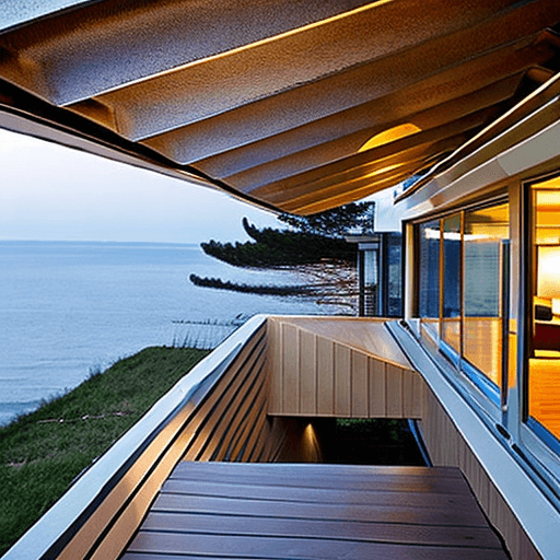 AI generated: Hyper realistic eye level exterior photo of a mid century modern style house overlooking the ocean, ...