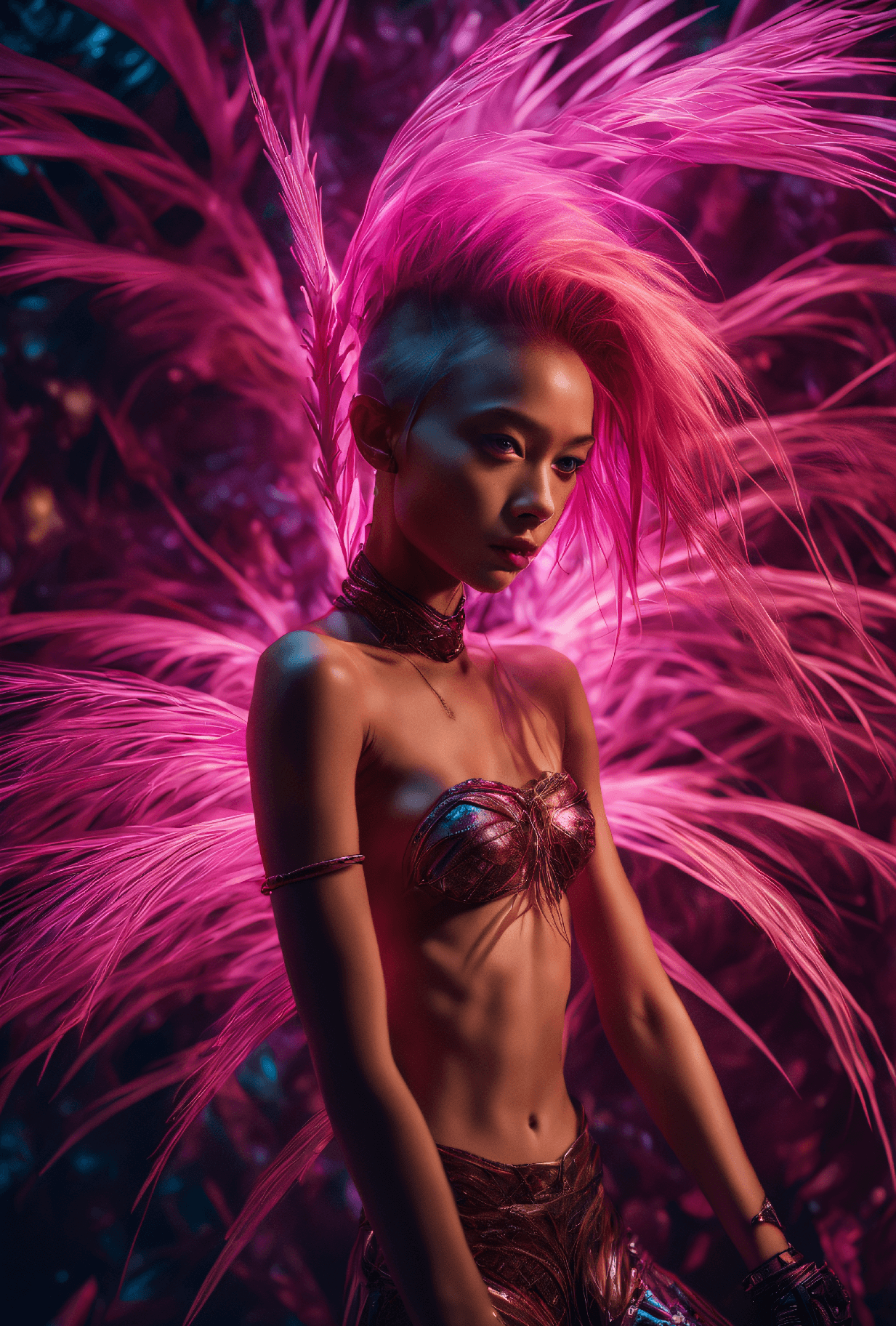 AI generated: photograph, concept art, top-down view of a (young woman, very thin, fit, abs, small breasts, toples...
