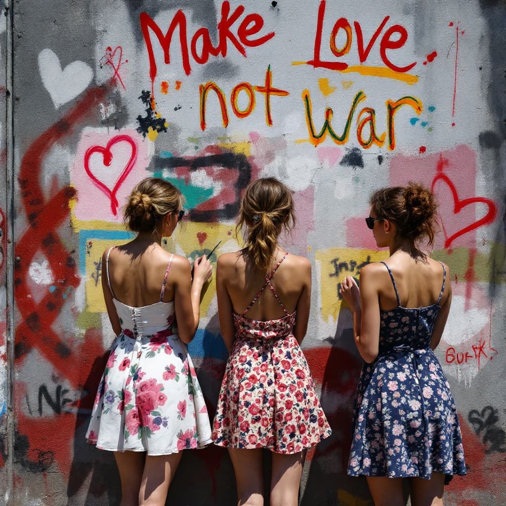 AI generated: Berliner Wall, ,3 woman protest in short summerdress ,"Make love, not war",coloured,paint grafitti o...