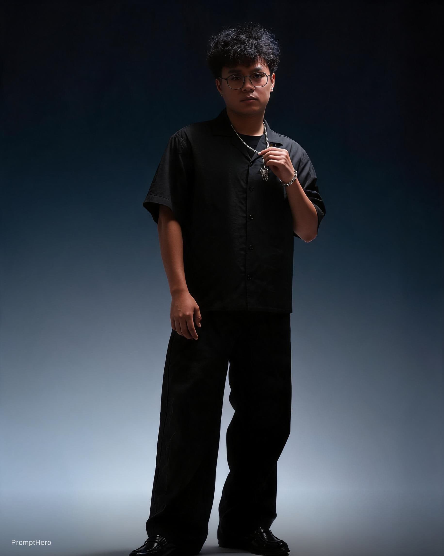 AI generated: i want my photoshoot the one wearing black in white background look like the inpo image the second i...