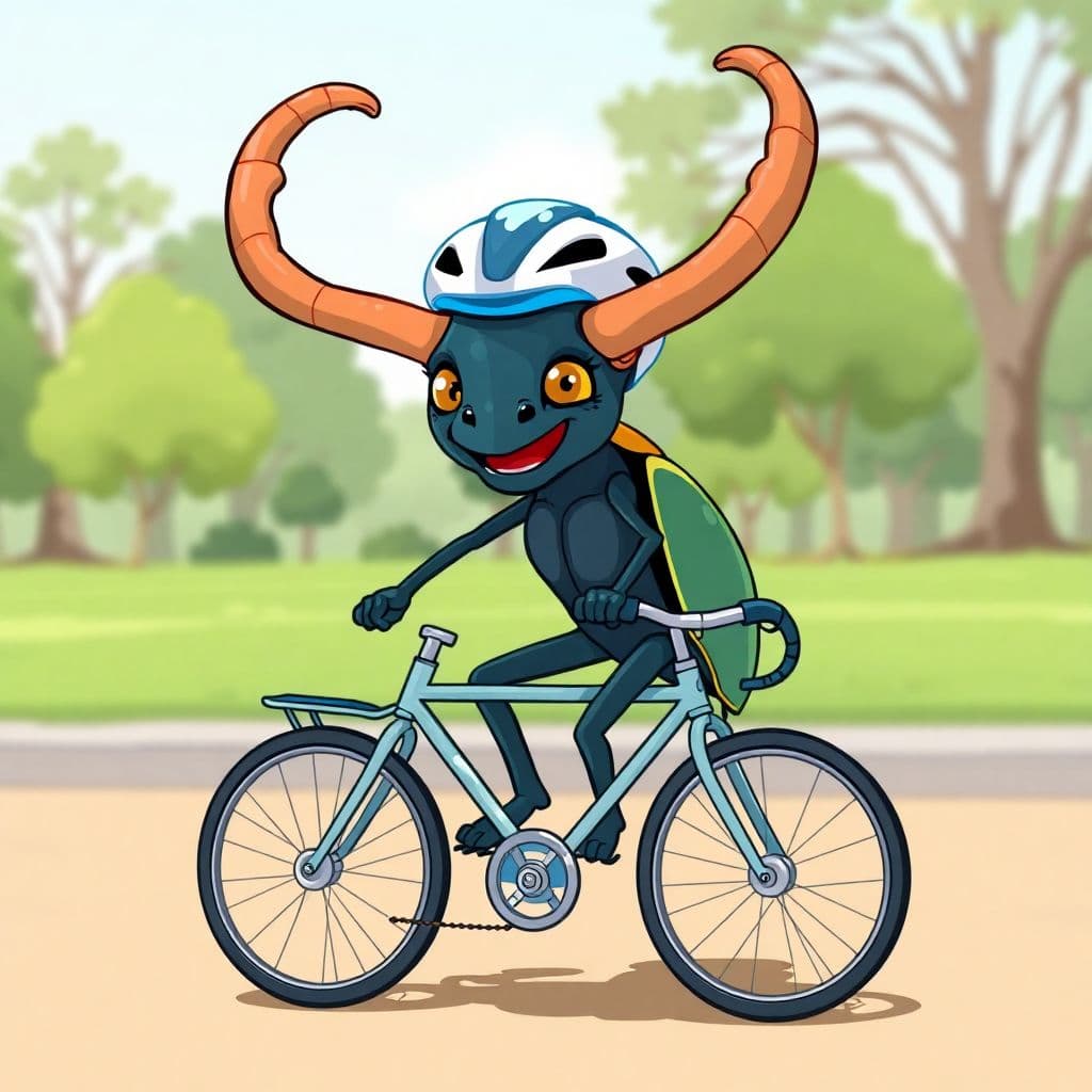 AI generated: 
A cartoon stagbeetle with large curved horns riding a tiny bicycle, comical and whimsical style, th...