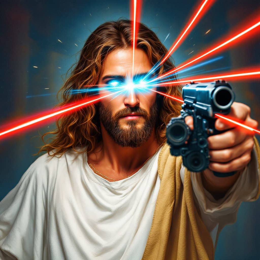 AI generated: Jezus shooting laserbeams out of his eyes killing a thief.