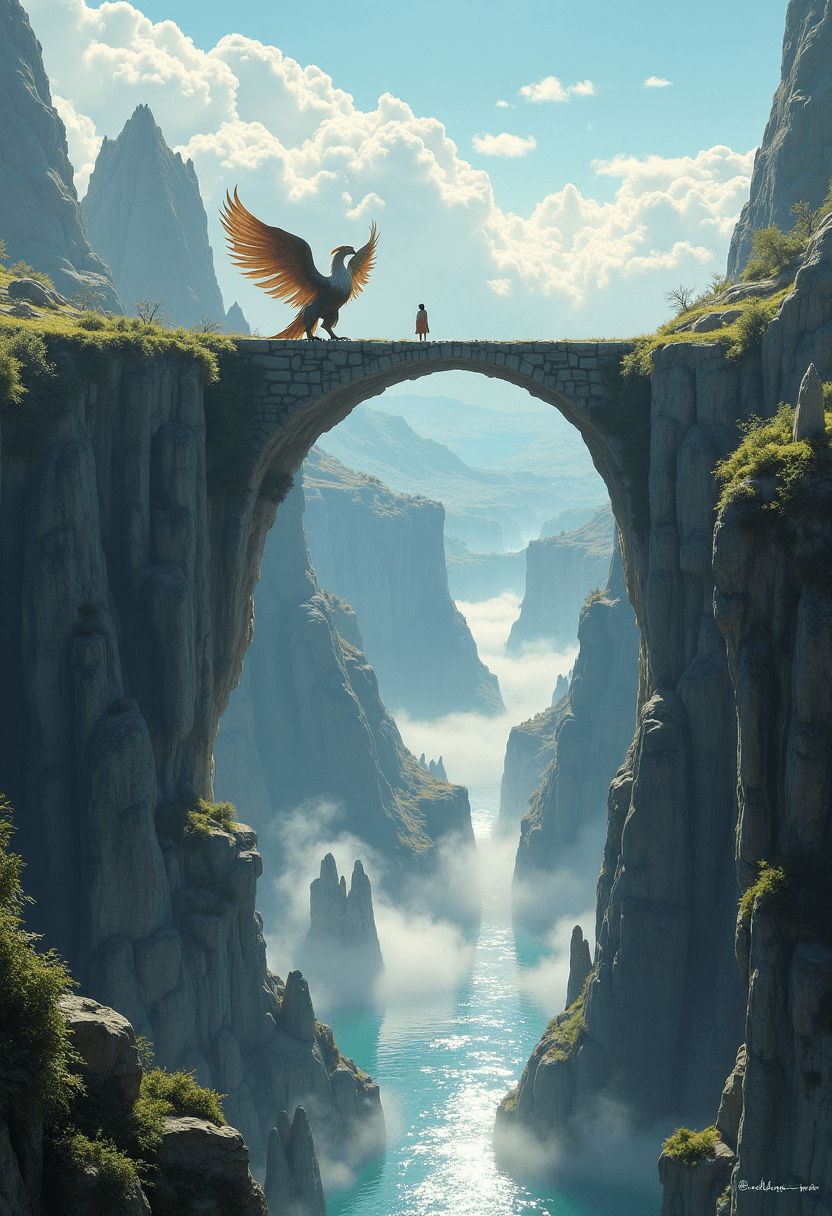 AI generated: An ancient griffin standing on a stone bridge over a chasm filled with mist and floating islands. Su...