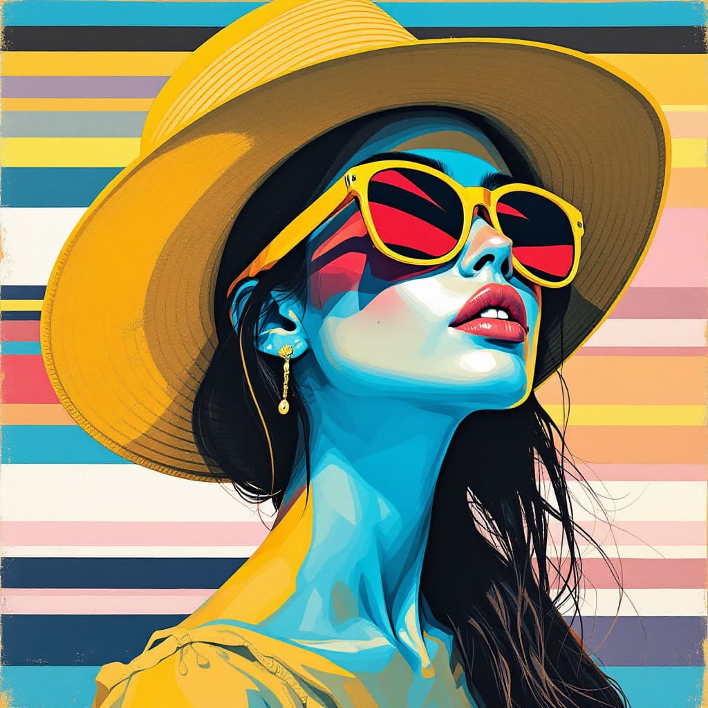 AI generated: an illustration of a girl wearing sunglasses and hat, in the style of mike deodato, bold and colorfu...