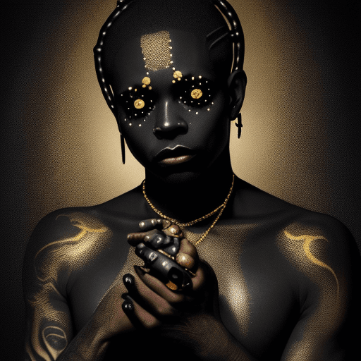 AI generated: A Black man with a metallic gold hand holding a tattoo needle and placing dots on the top of his hea...