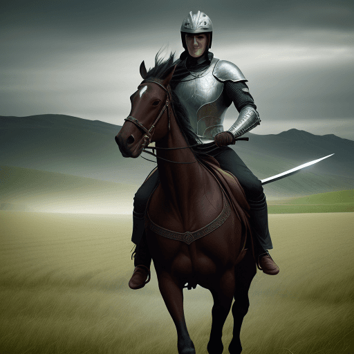 AI generated: A dark horse rider with a sword in a field, cinemátic photography, HD 4K, realistic style, cold colo...