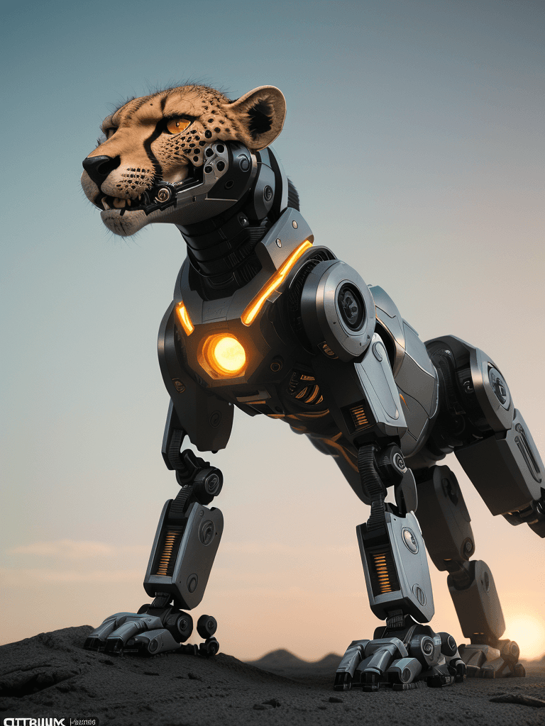 AI generated: Photo of a robotic cheetah, dramatic light, pale sunrise, cinematic lighting, battered, low angle, t...