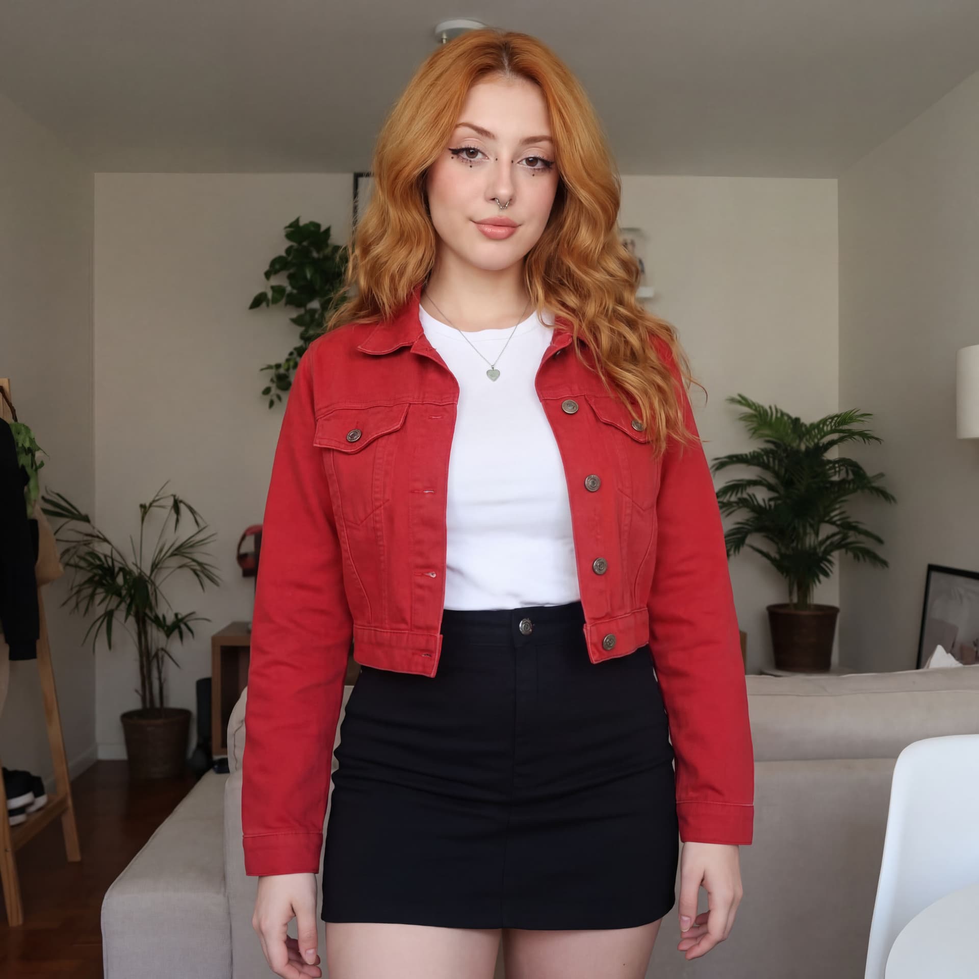 AI generated: short red jacket, skirt  