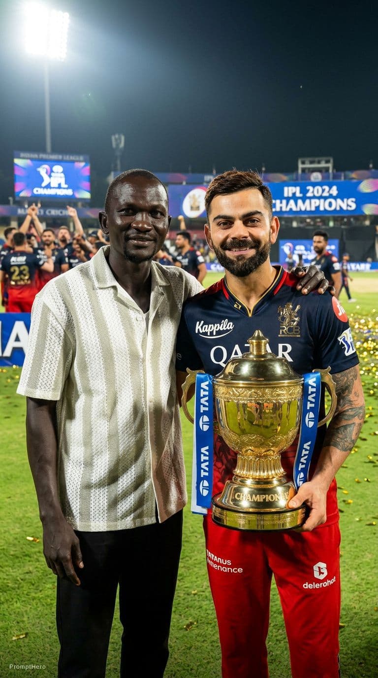 AI generated: Combine these two photos and make me to stand beside virat kohli with the ipl cup. Make virat giving...