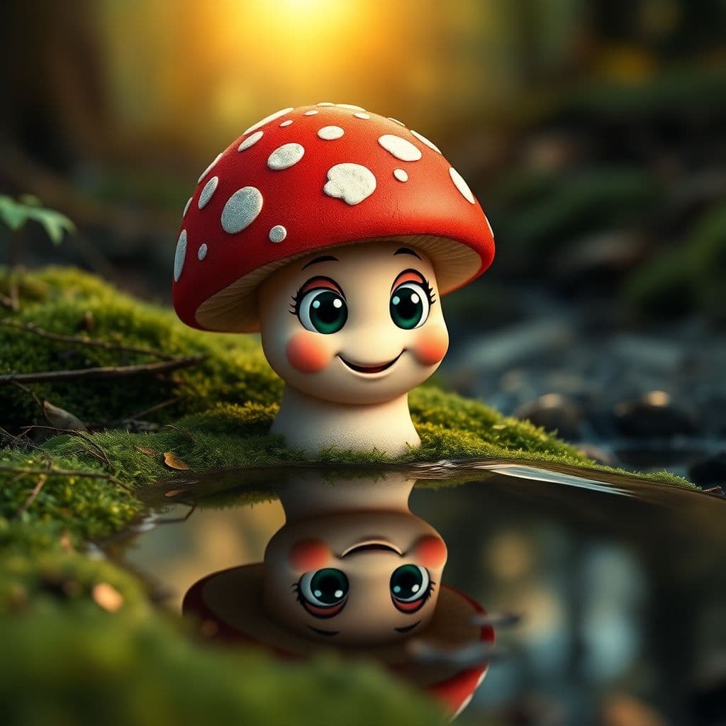 AI generated: Mushroom: An adorable animated fly agaric mushroom, displaying a smile and funny bright eyes. The mu...