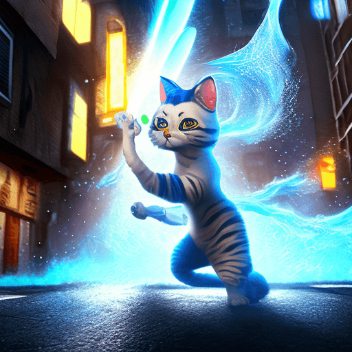 AI generated: an anthropomorphic cat wearing white linen is depicted in an action pose, swirling water with an arr...