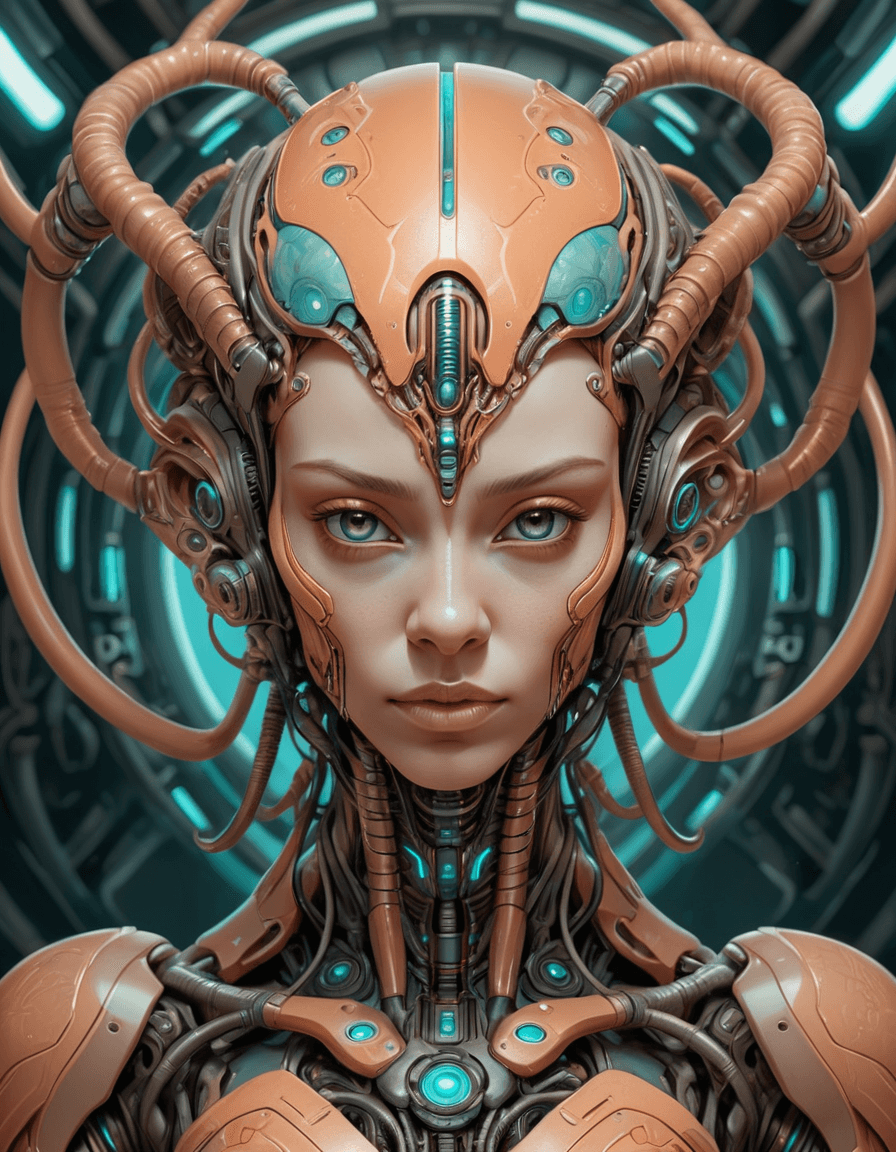AI generated: female alien cyborg art and illustration by theo el, in the style of balanced symmetry, light orange...