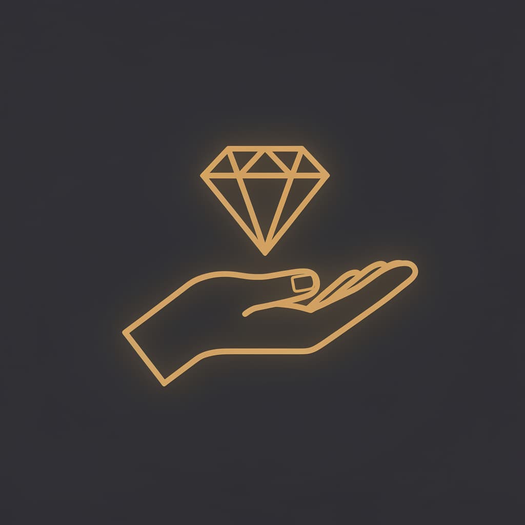 AI generated: minimal open hand receiving falling diamond or crystal from above, clean 
lines, golden #FFB845 colo...