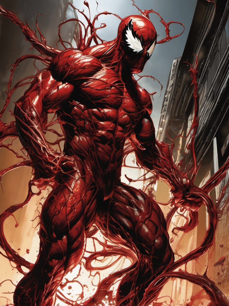 AI generated: carnage, a formidable villain, bloody, in the style of mike deodato, realistic detail, realistic hyp...