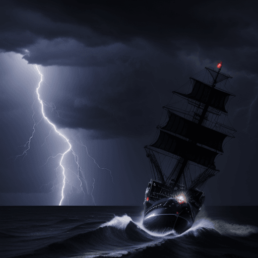AI generated: 
Sea ship huge dark blue storm rain lightning