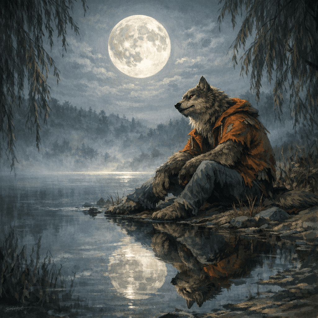 AI generated: werewolf Kenny sitting at misty lake shore, head tilted slightly, reflecting in water, full moon abo...