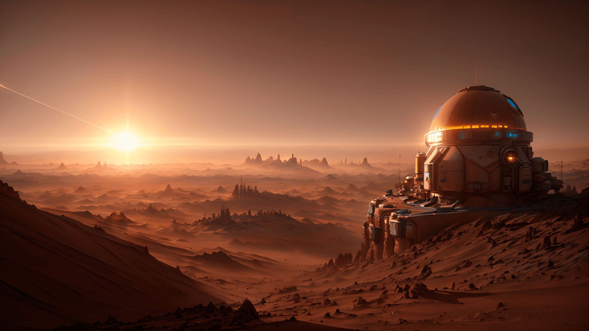 AI generated: (masterpiece , award winning , highest quality:1.2), Epic Sunset over a Human Colony on (Mars), Dome...