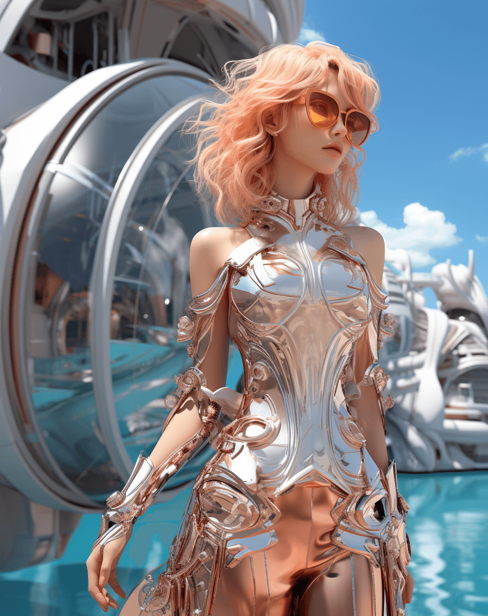 AI generated: commercial photo of a stunning woman standing in water near a boat, in the style of colorful futuris...