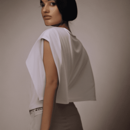 AI generated: a beautiful woman in a white crop top, in the style of light white and dark silver, hannah yata, y2k...