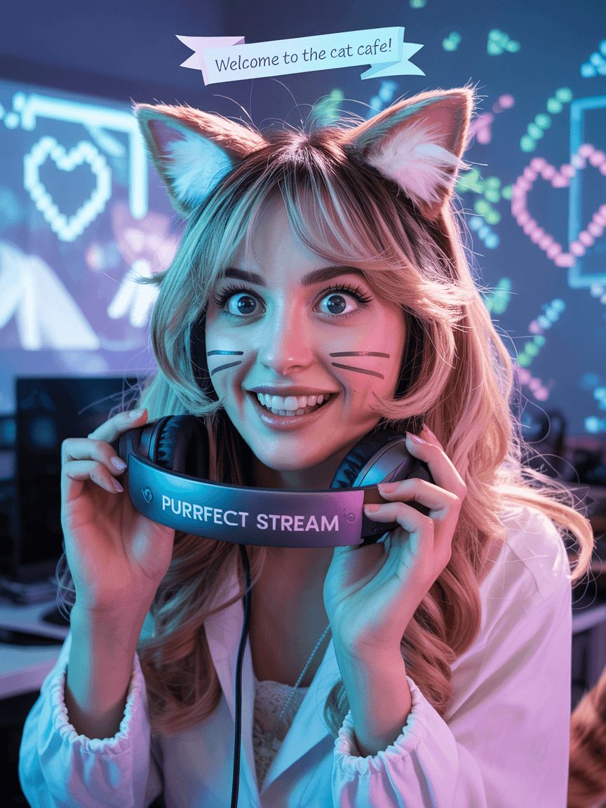 AI generated: Create an image of a european girl mid 20s, She's a streamer e-girl cosplaying as catgirl