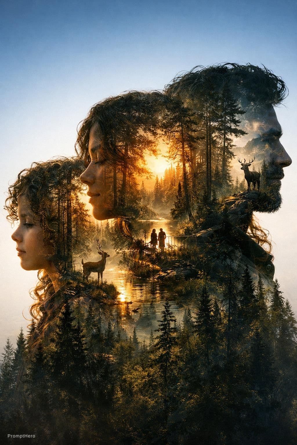 AI generated: This picture shows a surreal, double-exposed work of art. It combines the profile of the faces of a ...