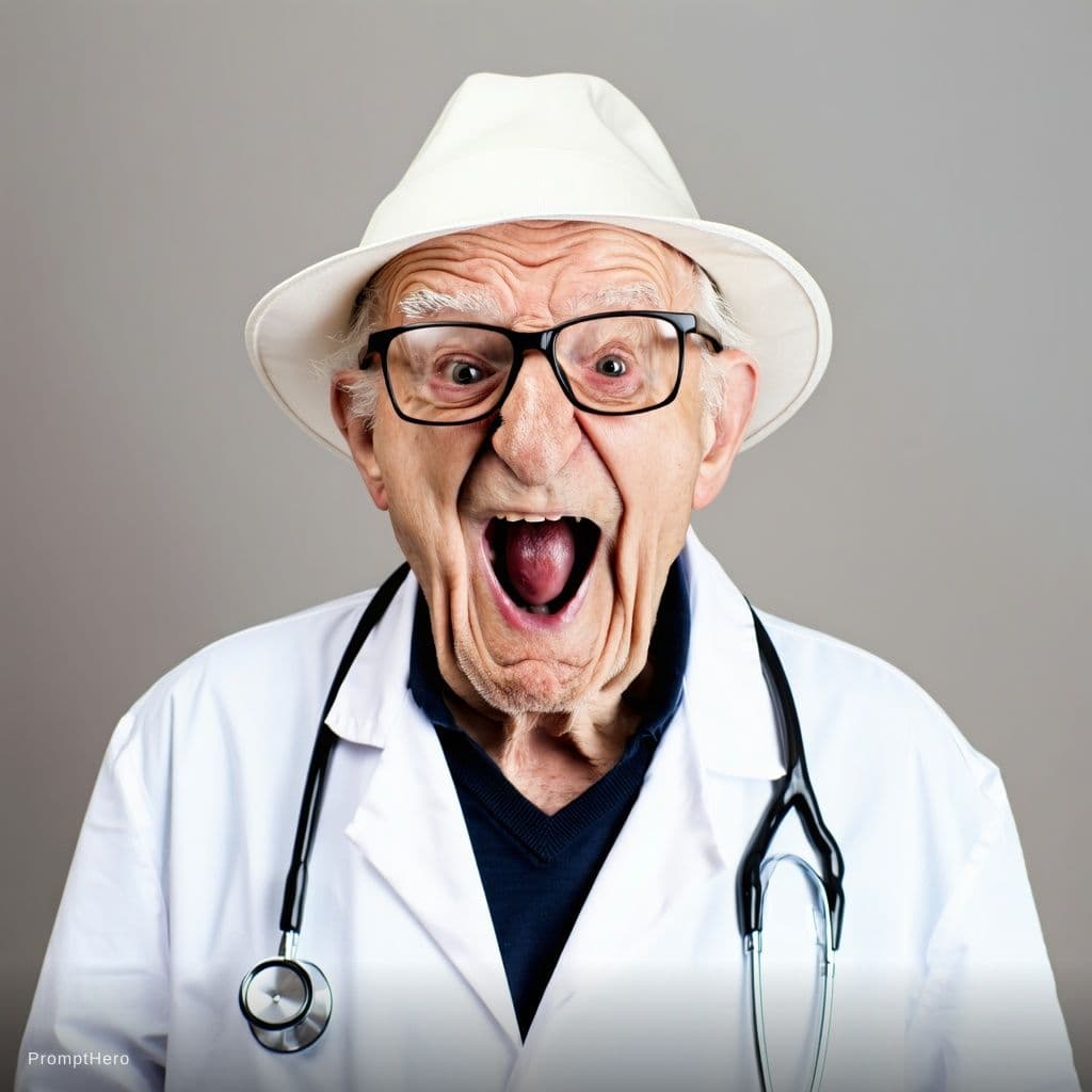AI generated: The image features an older man wearing a white hat and a white coat, with a stethoscope around his ...