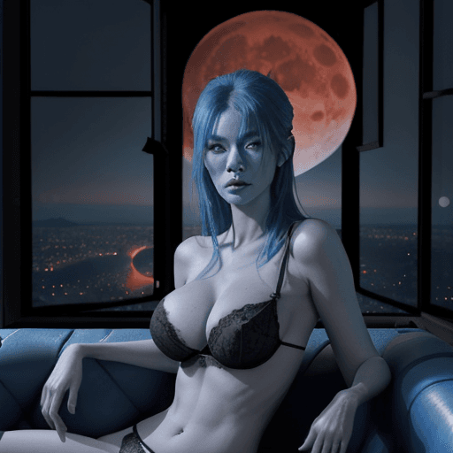 AI generated: Photo of a ultra realistic blue alien queen with her 5 beautiful large breasted slave women in black...