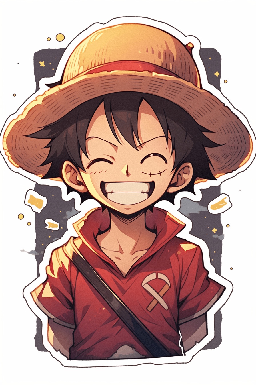 AI generated: a sticker of Monkey D. Luffy from one piece, straw hat, smirk smile, anime style, minimalist design ...