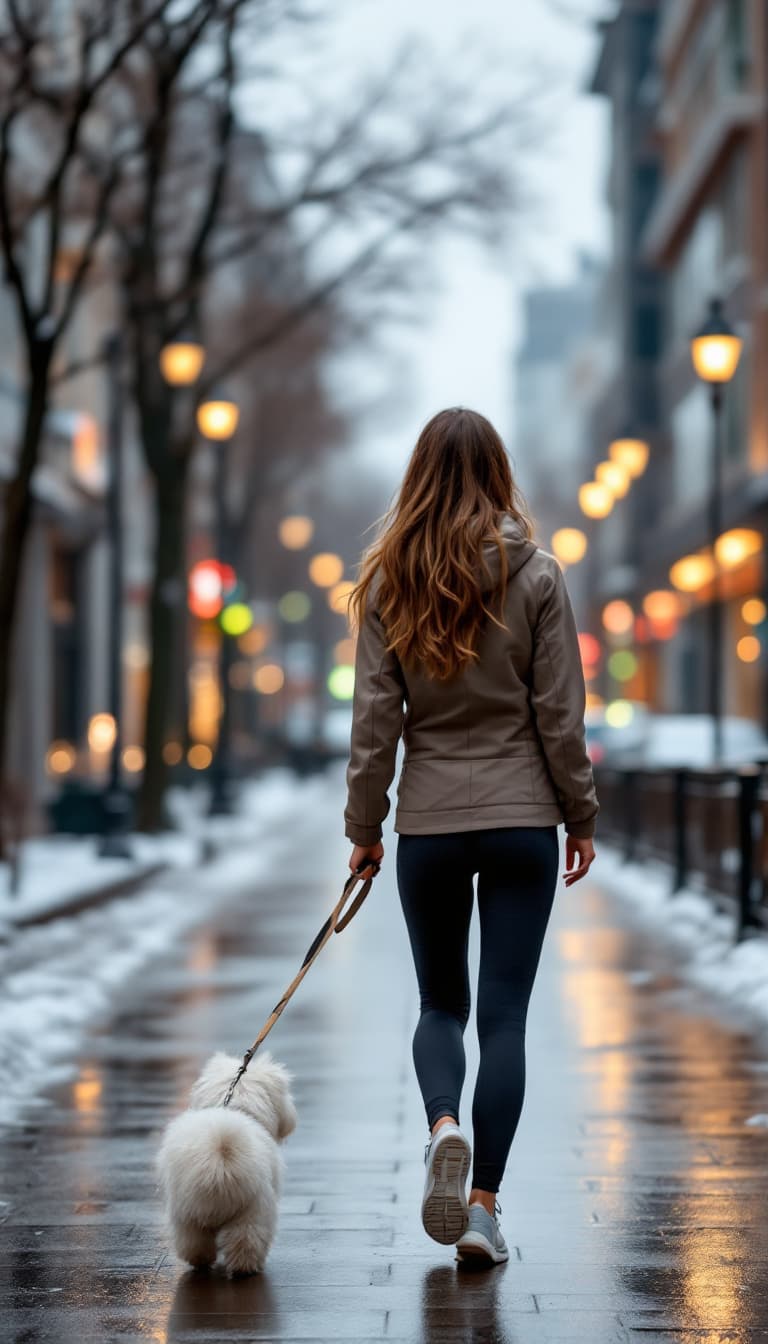 AI generated: A fit and toned woman with long brown hair walking her Westie dog on a leash through the streets of ...