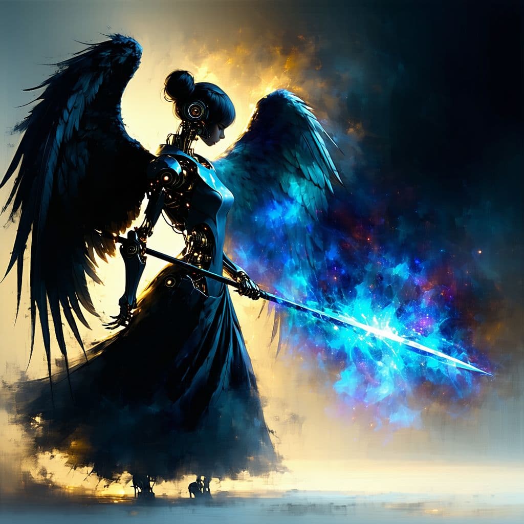 AI generated: Impressionist painting an image meant for the 9:21 aspect ratio, mechanical angel, female, dark atmo...