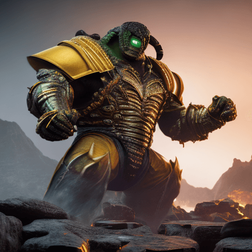 AI generated: Scorpion mortal kombat hulkbuster in Black and yellow armor,city, flamed spear, standing in a war to...
